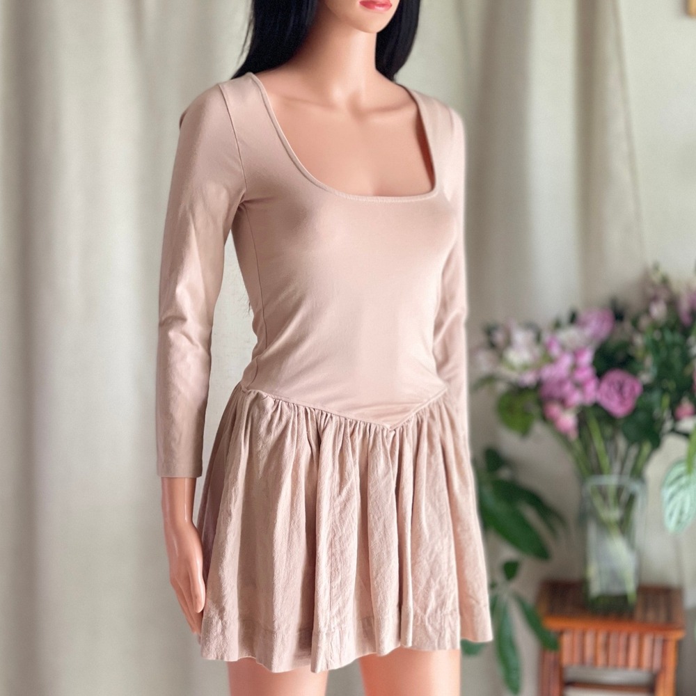 Free People Free-est Onda Drop Waist Mini Dress Nude Long Sleeve‎ Balletcore XS